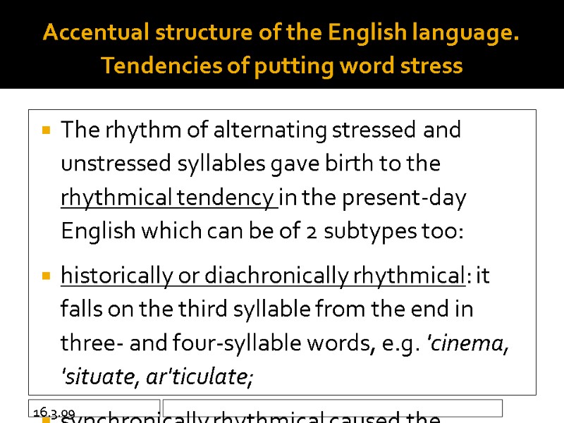 16.3.09 Accentual structure of the English language. Tendencies of putting word stress  The